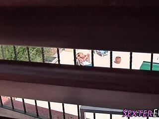 Voyeur spies hardcore outdoor fuck of small titted German teen on big cock