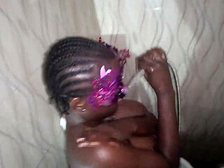 sweet ebony teen squeezes big cock and cucumber tight