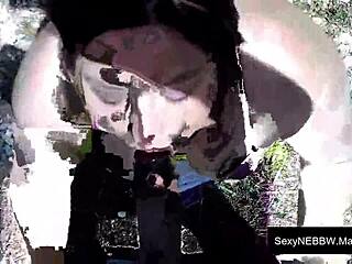 Sexy bbw flashes tits outside before hard fuck blowjob and huge facial