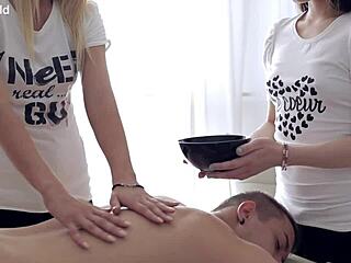 Russian teen with long hair and small natural tits enjoys intense massage turning to ass to mouth.