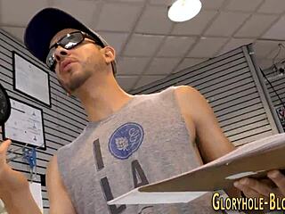 blonde at gloryhole sucks massive black cock and swallows cum