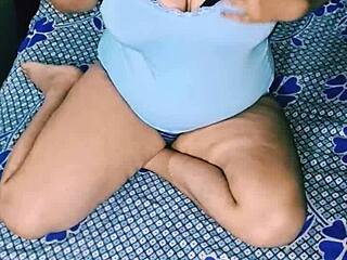 Curvy indian housewife squeezes her huge natural tits while fingering wet hairy pussy close-up