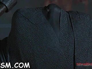 Tattooed girl bound and shocked by electrifying toy on her pussy in hardcore bondage session. She moans through rough play