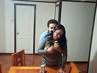 Stepmother surprised bent over dining table for rough morning sex