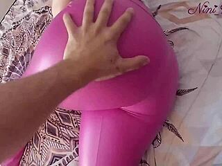 Who squeezes that huge round natural ass into tight pink leggings for thong assplay pov?