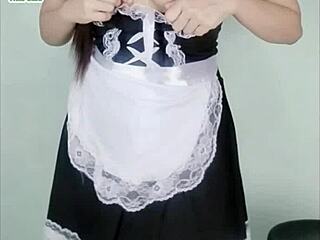 Leaked horny schoolgirl masturbates in maid outfit for bros