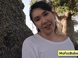 hey, check out sexy asian teen tomie tang flashing her big natural boobs to charles dera outdoors