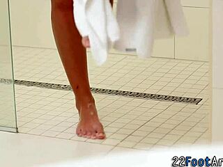 Kinky European slut gives foot handjob and blowjob cumshot