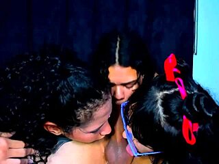 Three girlfriends give a lucky guy sloppy blowjobs in a group blowbang.