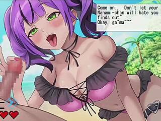 Titty fuck and paizuri action on the beach in a hentai game