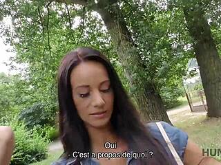 This guy sold his brunette girlfriend for money and she gives blowjobs.