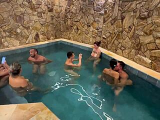 Wild orgy with friends at motel pool