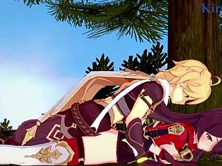 amber and fischl with amy and aether in wild genshin impact hentai