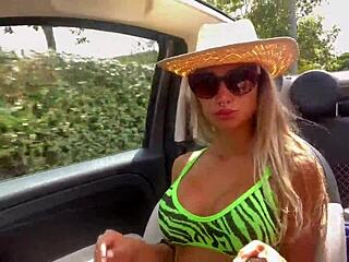 Monika Fox shows off her big cans and gets naked in a car while driving around the city