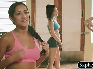 Yoga instructor and hot women strip for yoga class