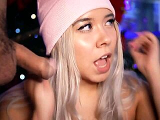 Blonde cutie teases and sucks a growing cock.