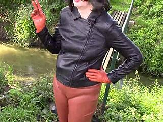 smoking hot wife in cinnamon leather outdoors