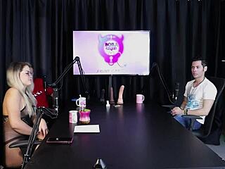 Blonde strips in sheer red lingerie at swingers house after guest's comment.