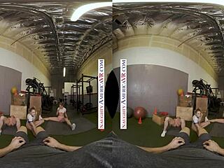 naughty america babes kyler quinn and paige owens tag team a gym stud, licking and teasing