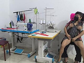 Intense seduction unfolds in the sewing workshop with flair