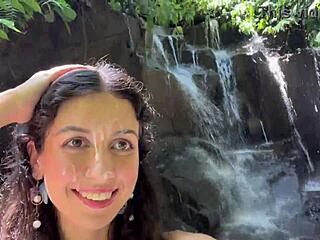 Teen 18+ gets facial in public locker room. Then struts cumwalk by waterfall.