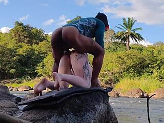 yo, wanna see a wild gangbang with three hung guys in the forest?