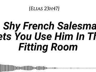 Shy French salesman pulled into fitting room for oral and riding