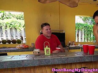 Petite teen boldly rides senior's cock anally outdoors