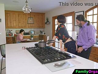 Old Man Bangs Daring Step Daughter and Wife in Kitchen Fantasy Fuck