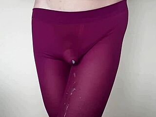 subtle cum tease on sexy burgundy leggings in latest update