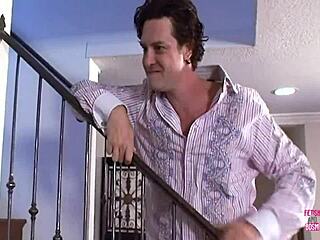 a blonde lady with big fake breasts rides and gets facial in the kitchen