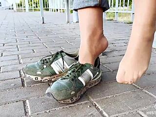 Tan nylon soles with blue jeans teasing on the bench, but i slipped up