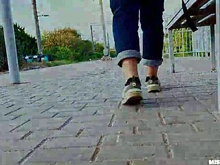 Tan nylon soles with blue jeans teasing on the bench, but i slipped up