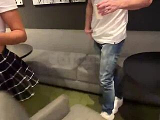 Married wife misbehaves in hotel bar while cuckold watches, then takes stud to room for BDSM bondage, squirts, gets anal fucked, and receives facial cum in sheer outfit