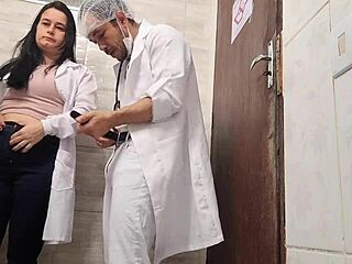 Hot nurse sneaks to hospital bathroom with doctor for fun.