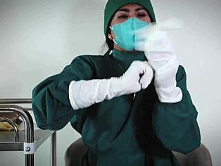 In the hospital, a nurse with latex gloves checks a patient, exploring her fetish.