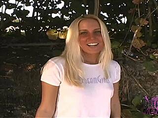 All natural blonde babe flashes everything in risky spots