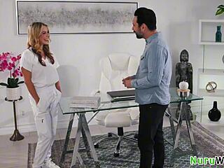 I prepare my busty blonde teen client for nuru massage with naughty touches