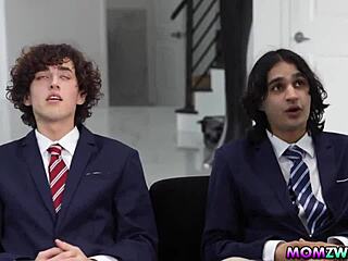 Hot MILFs Desiree Dulce and Mia James swapping their stepsons Elias Cash and Dylan Ledger and fucks them over the couch!