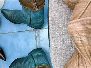 The woman pees on her ankle boots while walking outside in the story