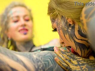 Split tongue tattooed lesbians engage in toy play anal and ass to mouth adventures