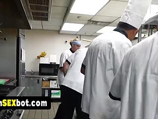 Cute Teen Waitress Gangbanged Doggystyle by Staff on Reality Cam