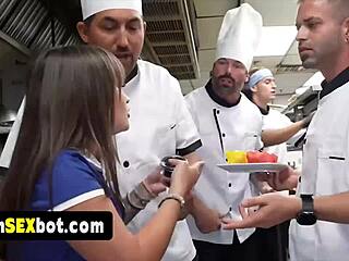 Cute Teen Waitress Gangbanged Doggystyle by Staff on Reality Cam