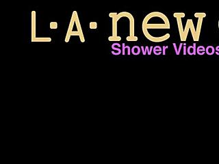 Sun-kissed model steps out of shower glowing after casting photoshoot