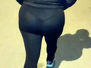 mature curvy exhibitionist flashes huge ass in see-through leggings on public street taboo tease