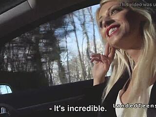 blonde red lips wrapped tight around cock in car