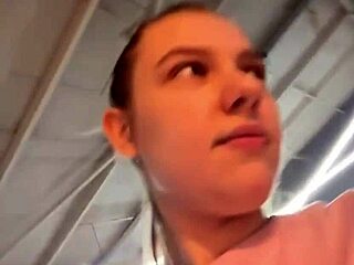 Horny bbw teen blonde plays big natural tits outdoors with clamps