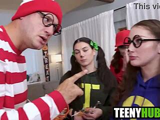 three petite teens jade valentine bella blu megan share danny's halloween cock