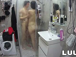 Luuv Alice tattoos flash shaved pussy and natural tits showering with boyfriend voyeur