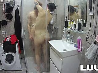 Luuv Alice tattoos flash shaved pussy and natural tits showering with boyfriend voyeur